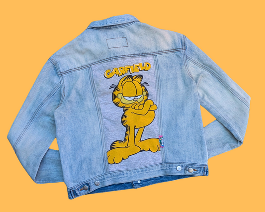 Handmade, Upcycled Garfield Denim Jacket Size M