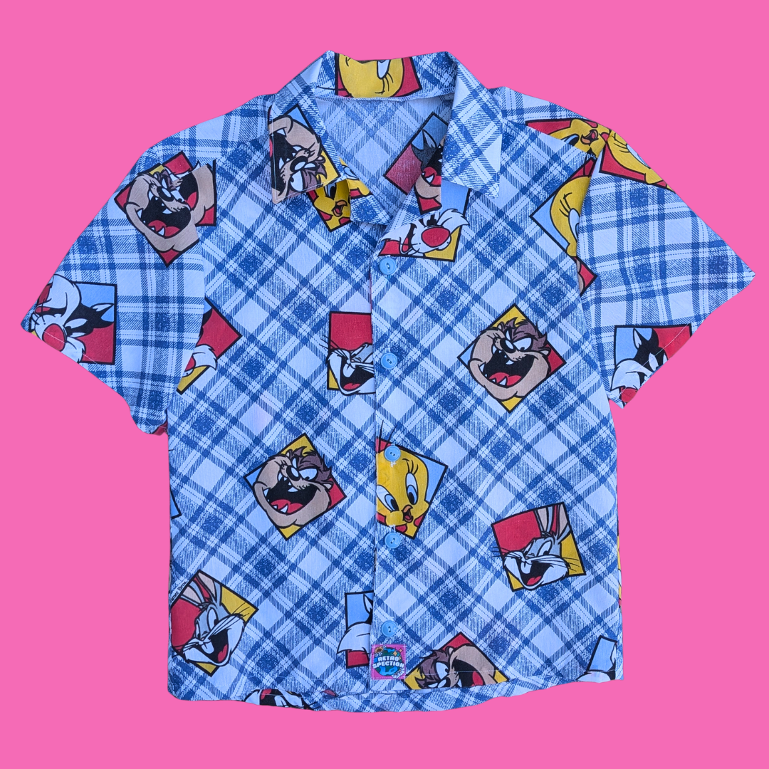 Handmade, Upcycled The Looney Tunes Bedsheet Button Down Shirt Size S