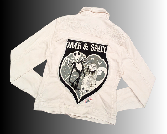 Veste en jean blanche Jack &amp; Sally de L'Étrange Noël de Monsieur Jack, fabriquée à la main et recyclée, taille XL mais taille plus petit