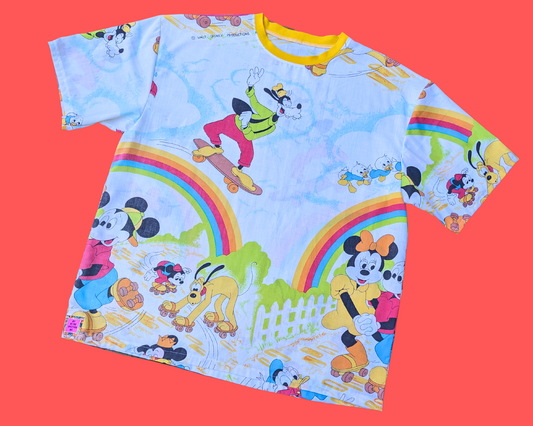 T-shirt vintage Walt Disney des années 1980, fait main et recyclé, motif Mickey Mouse et ses amis, taille XL