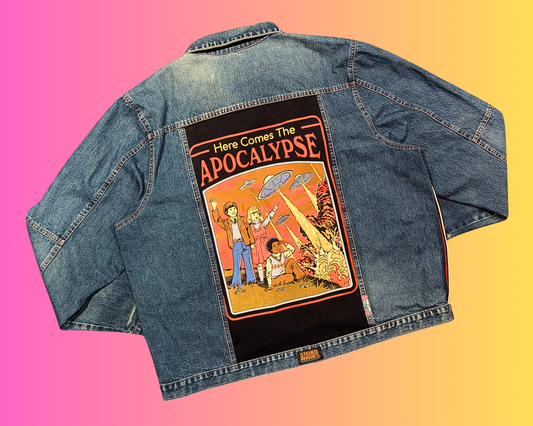 Handmade, Upcycled ''Here Comes The Apocalypse'' Steven Rhodes Denim Jacket Size XL