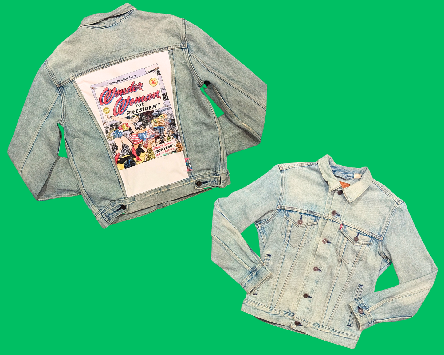Handmade, Upcycled Denim Jacket with Wonder Woman for President T-Shirt Size M for Women