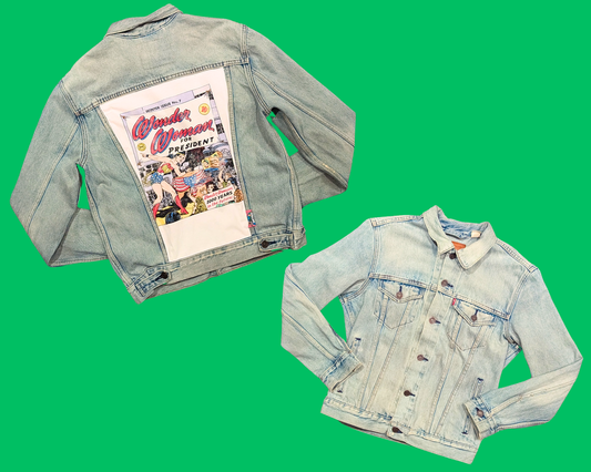 Handmade, Upcycled Denim Jacket with Wonder Woman for President T-Shirt Size M for Women