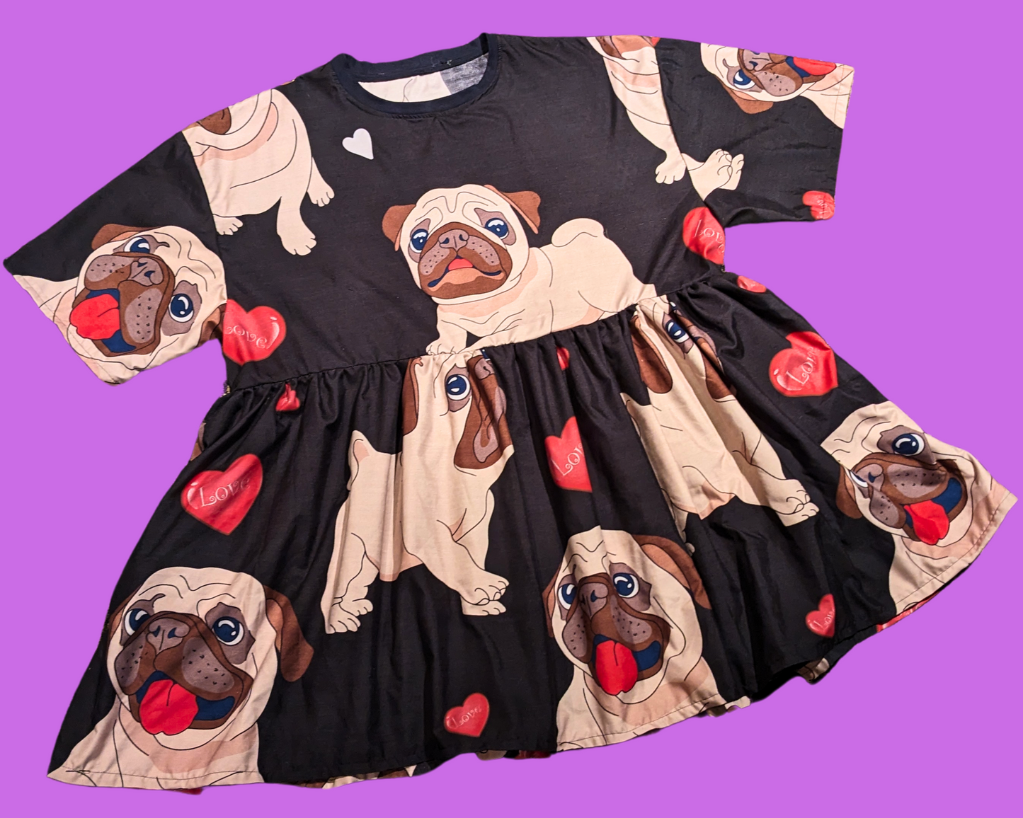 Handmade, Upcycled Pug Print Bedsheet T-Shirt Dress Fits 2XL