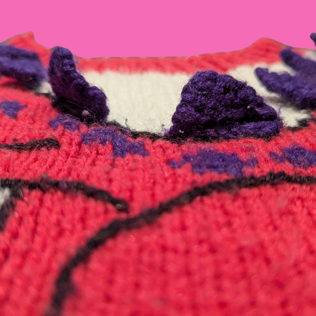 Vintage 1990's, Handmade, Children's Pink Dinosaur Pattern Knitted Sweater with Purple 3D Details on the Back (See Description for Sizing)