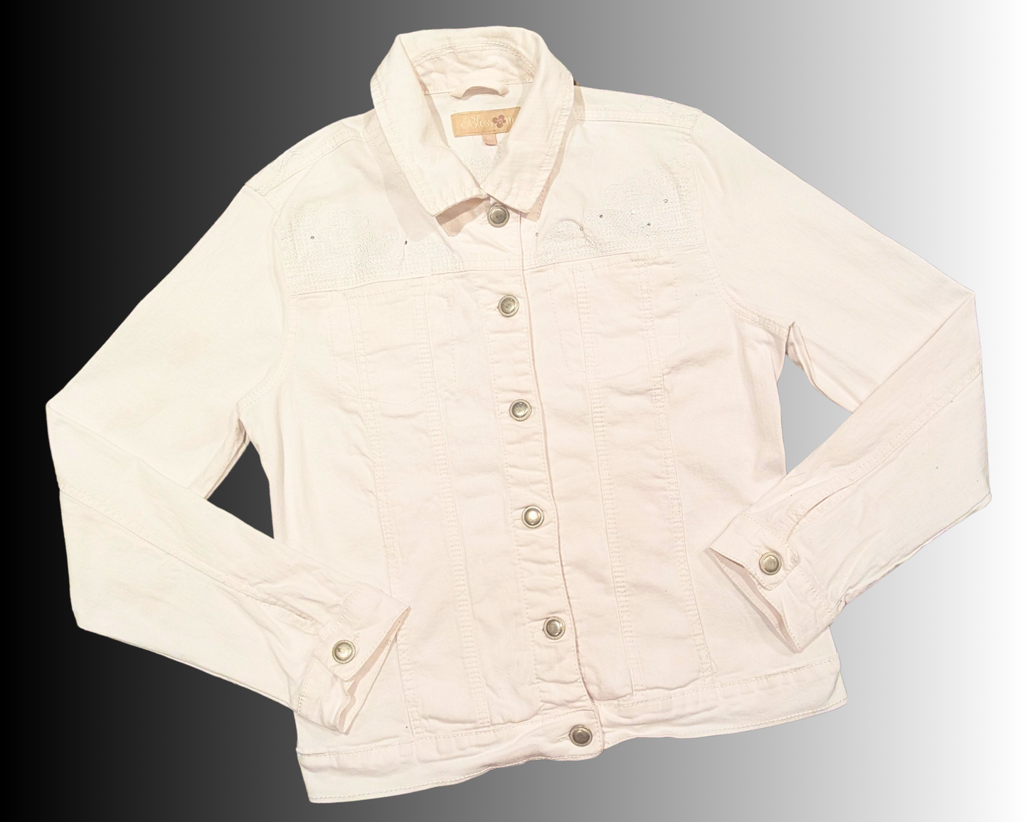 Veste en jean blanche Jack &amp; Sally de L'Étrange Noël de Monsieur Jack, fabriquée à la main et recyclée, taille XL mais taille plus petit