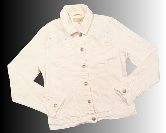 Veste en jean blanche Jack &amp; Sally de L'Étrange Noël de Monsieur Jack, fabriquée à la main et recyclée, taille XL mais taille plus petit