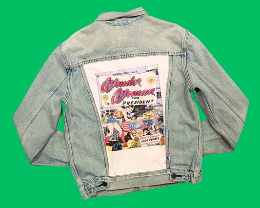 Handmade, Upcycled Denim Jacket with Wonder Woman for President T-Shirt Size M for Women