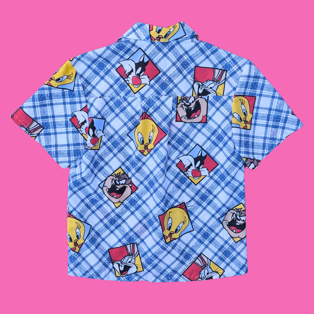 Handmade, Upcycled The Looney Tunes Bedsheet Button Down Shirt Size S