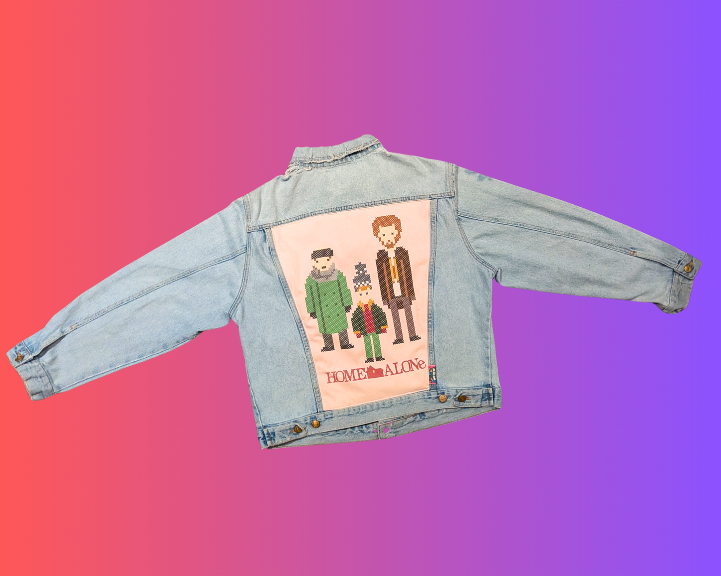 Handmade, Upcycled Home Alone Denim Jacket Size L