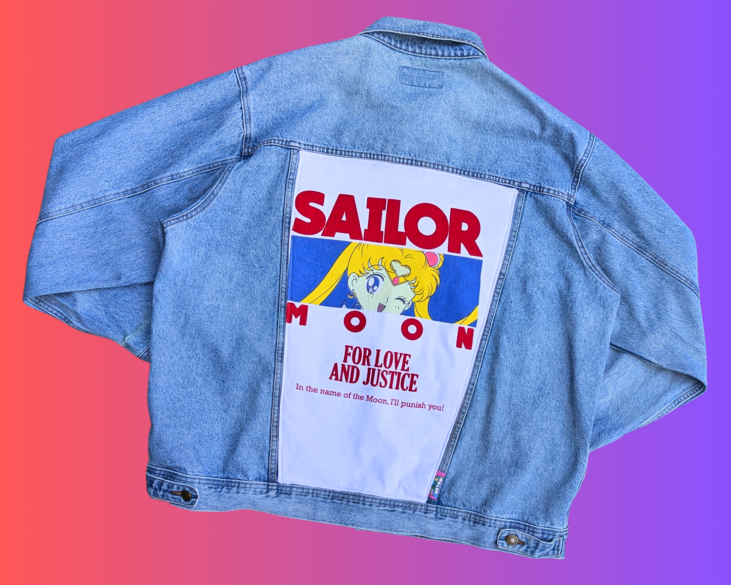 Handmade, Upcycled Sailor Moon, For Love and Justice Denim Jacket Size XL