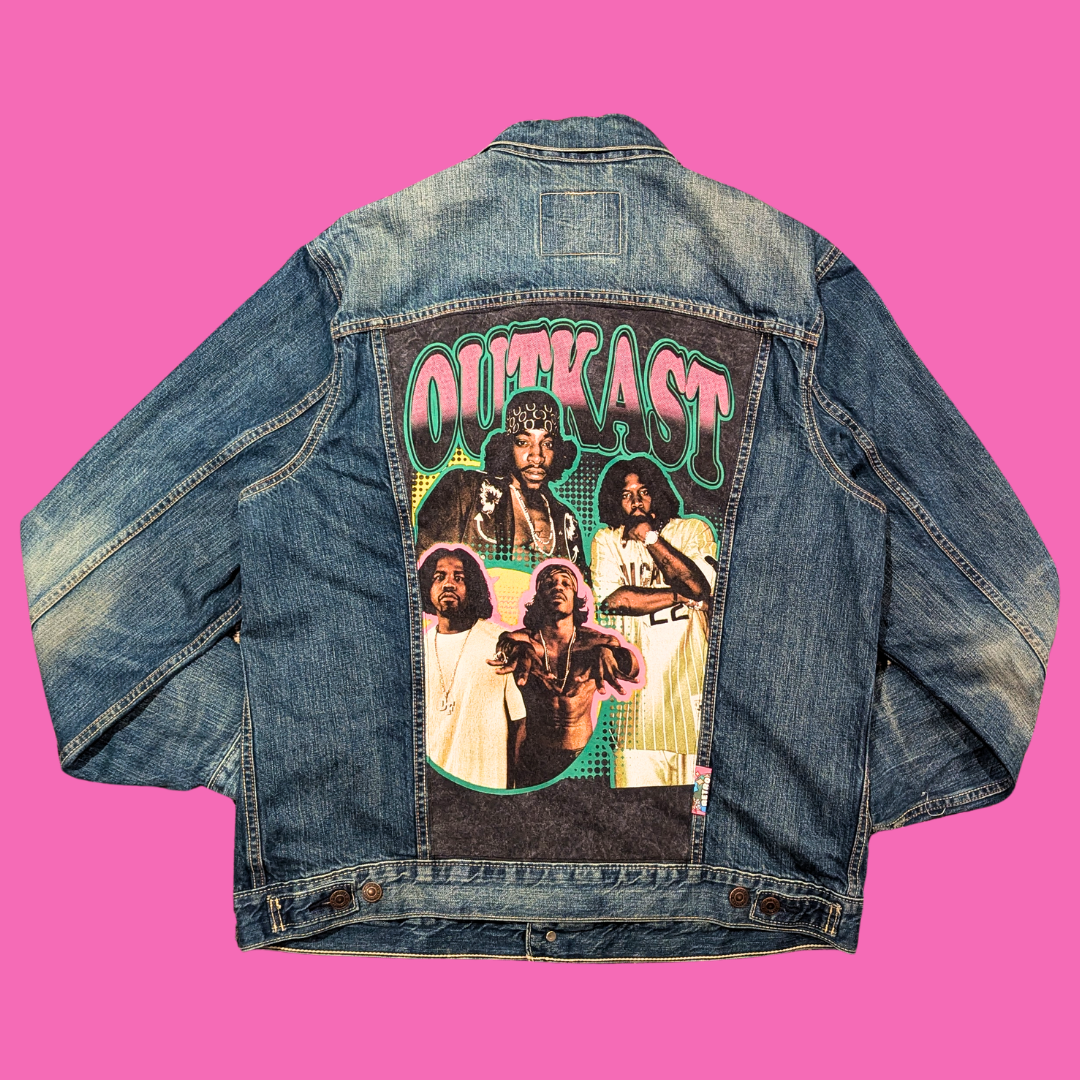 T-shirt Outkast upcyclé, veste en jean Levi's taille XL pour homme