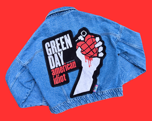 Veste en jean American Idiot, faite main et recyclée, taille S
