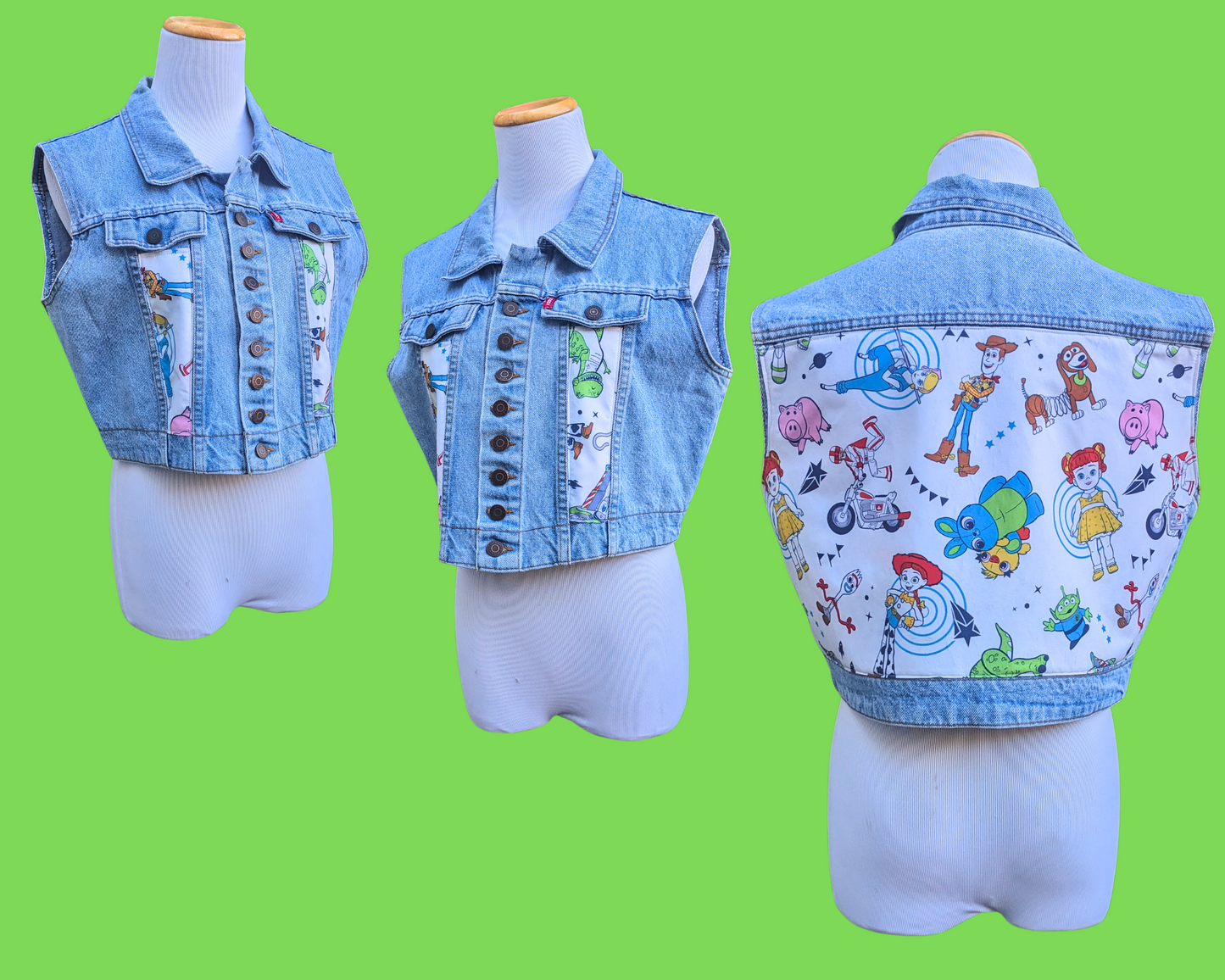 Handmade, Upcycled Denim Vest Patched Up with Bedsheets Scraps of Toy Story 4 Size M-L