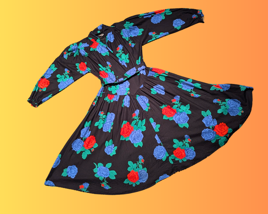 Vintage 1980's Black, Floral Print Dress with Belt Size M
