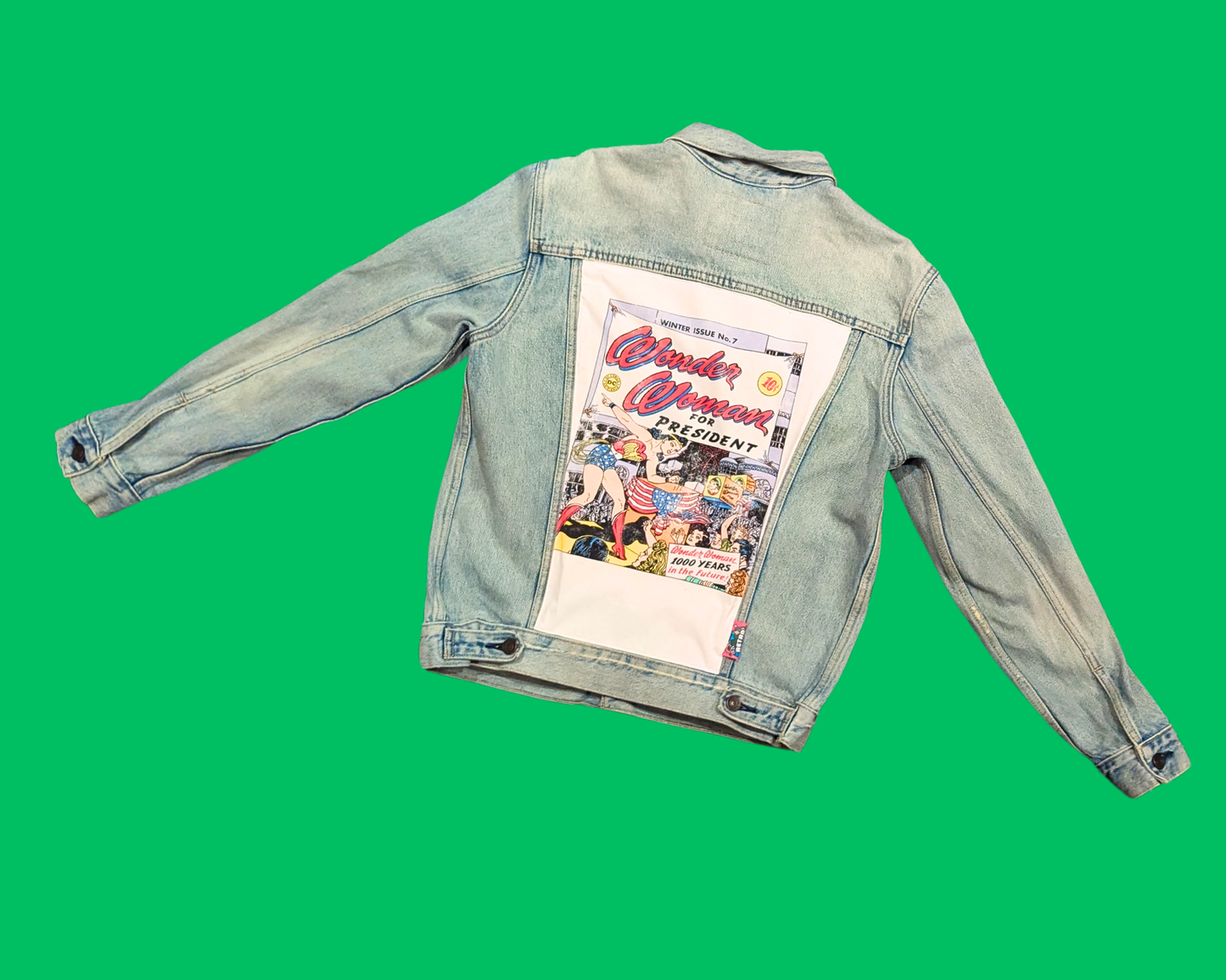 Handmade, Upcycled Denim Jacket with Wonder Woman for President T-Shirt Size M for Women