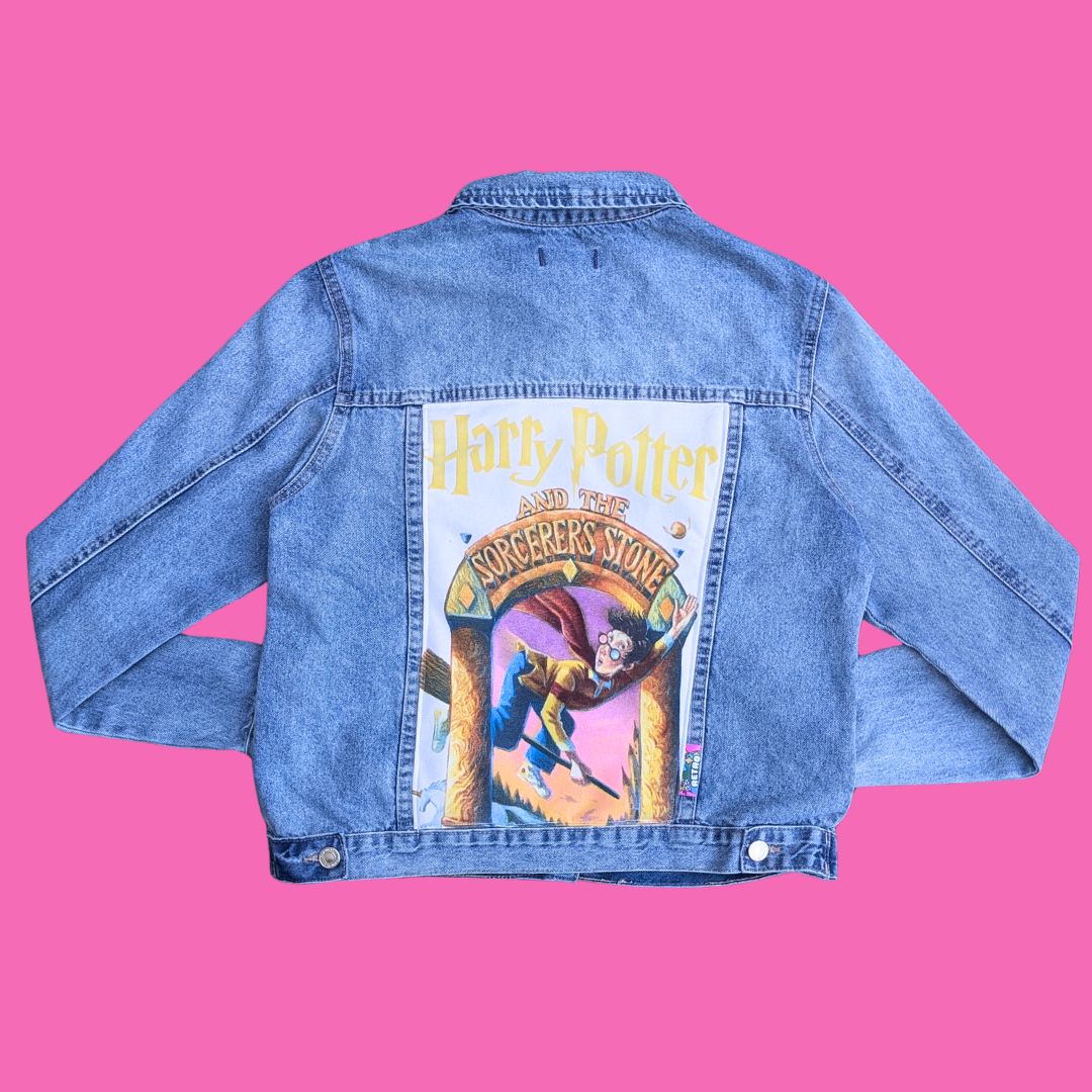 Harry Potter and the Sorcerer's Stone Upcycled T-Shirt Denim Jacket Size M