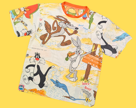 T-shirt vintage des années 1980, fait main et recyclé, motif drap de lit Looney Tunes, taille M