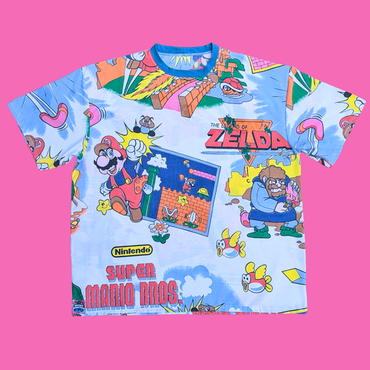 Handmade, Upcycled Nintendo Super Mario Bros + Zelda Bedsheet T-Shirt Oversized L-XL, Fitted 2XL