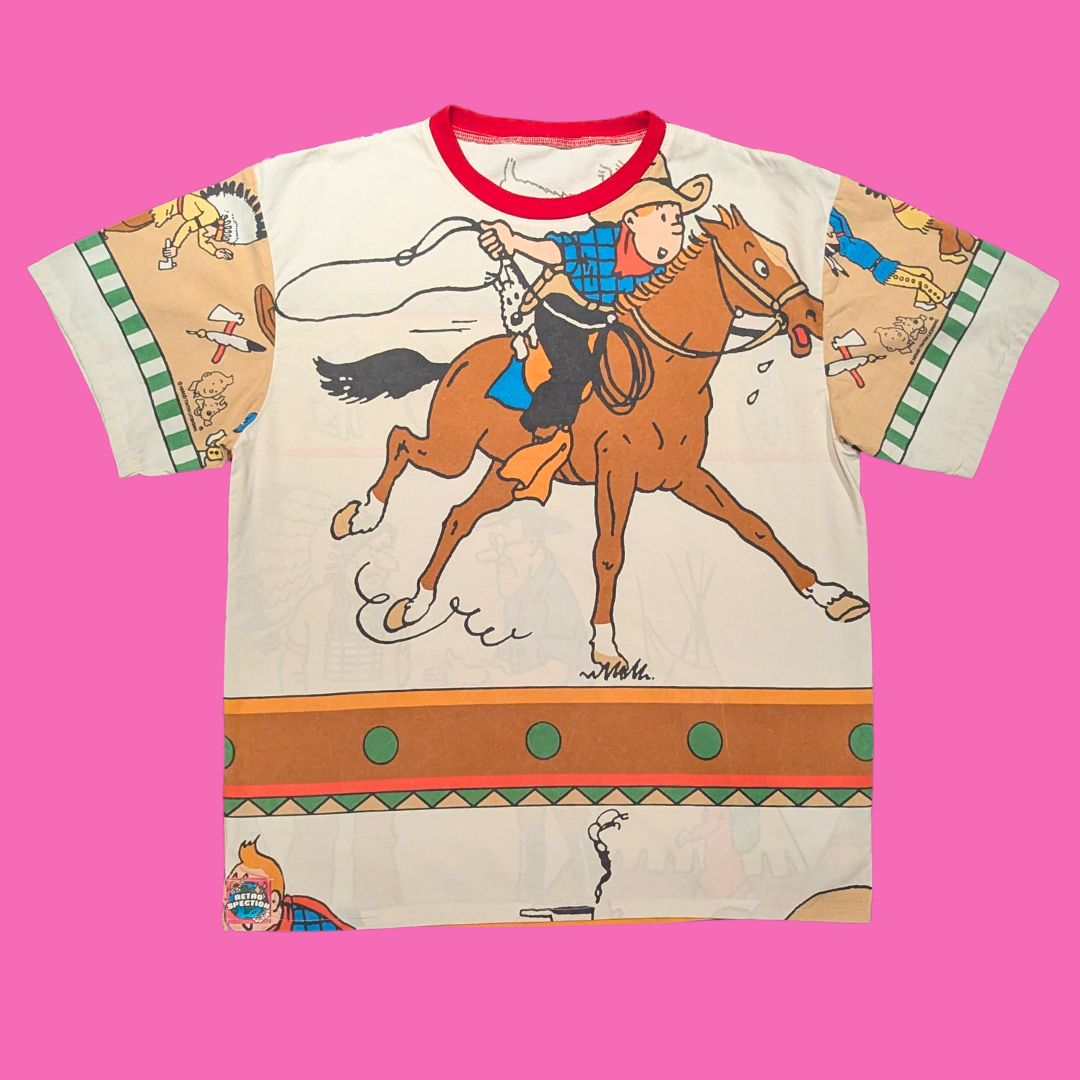 Handmade, Upcycled Tintin Bedsheet T-Shirt Oversized S-M, Fitted L-XL