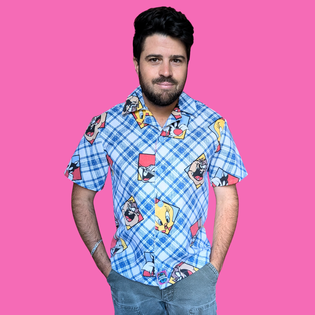 Handmade, Upcycled The Looney Tunes Bedsheet Button Down Shirt Size S