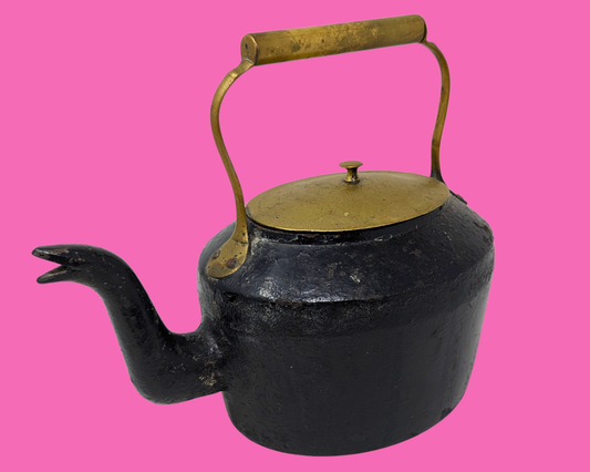 Grande bouilloire anglaise antique en fonte et laiton du XIXe siècle