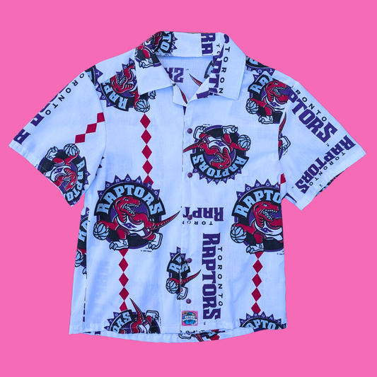 Handmade, Upcycled Toronto Raptors Bedsheet Button Down Shirt Size S