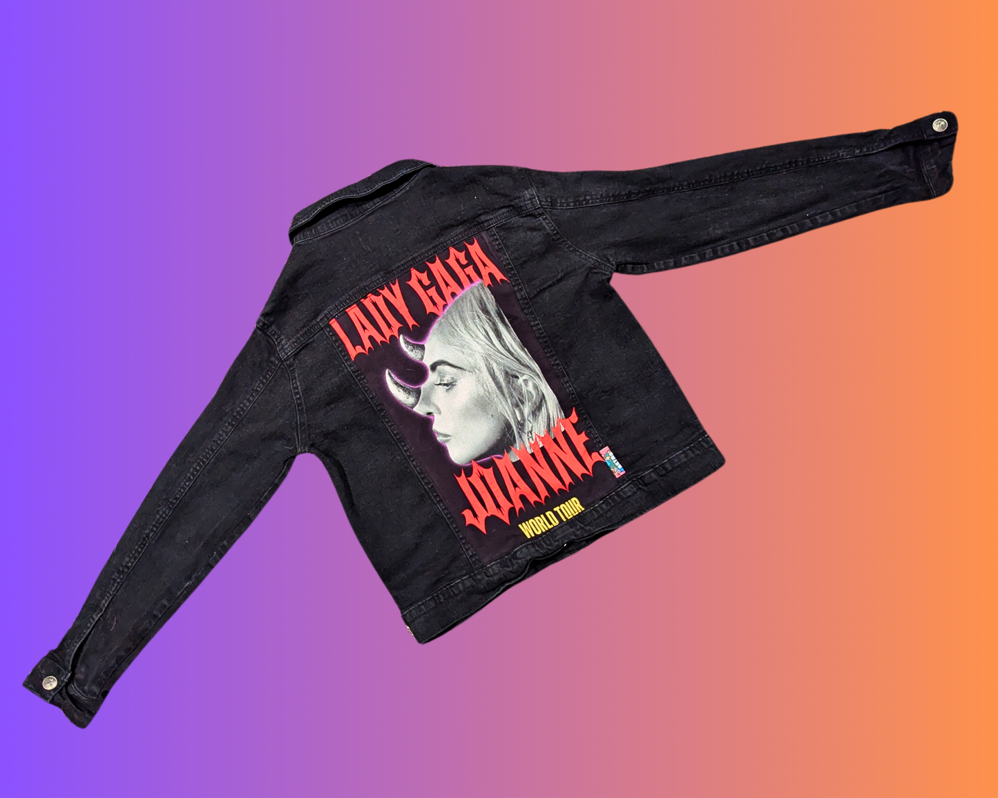 Handmade, Upcycled Lady Gaga, Joanne World Tour Black Denim Jacket Size S