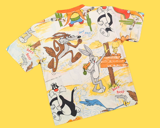 T-shirt vintage des années 1980, fait main et recyclé, motif drap de lit Looney Tunes, taille M