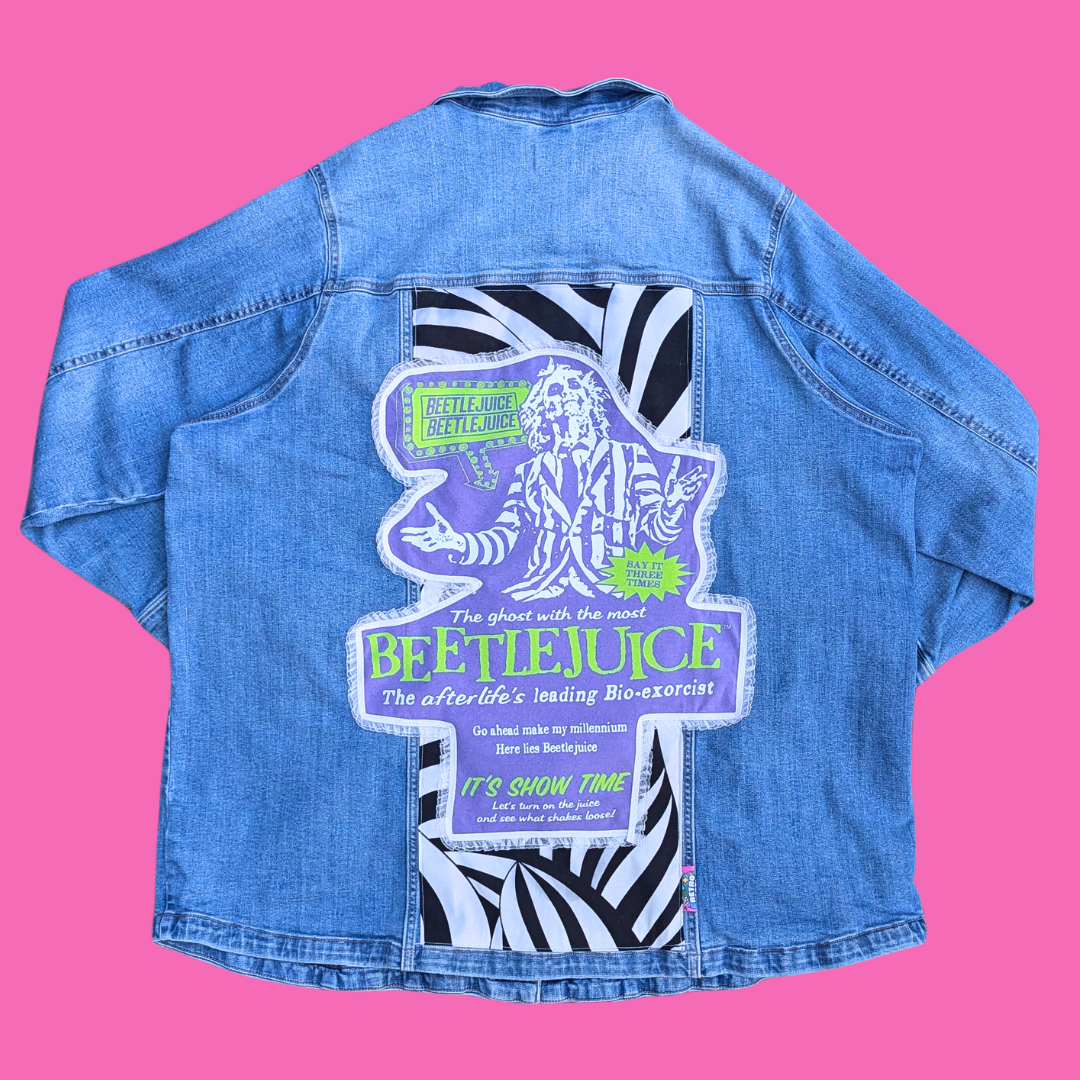 Beetlejuice Upcycled T-Shirt Denim Jacket Size 4XL for Women