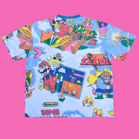 Handmade, Upcycled Nintendo Super Mario Bros + Zelda Bedsheet T-Shirt Oversized L-XL, Fitted 2XL