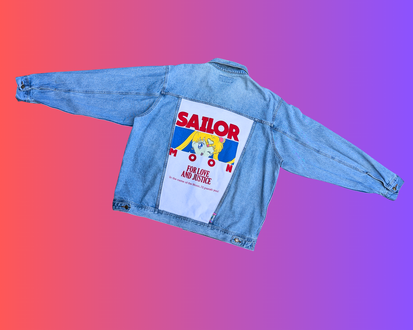 Handmade, Upcycled Sailor Moon, For Love and Justice Denim Jacket Size XL