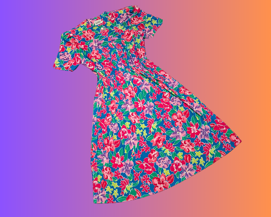 Robe vintage des années 1980, douce et soyeuse, colorée, à imprimé floral, taille M