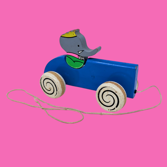 Jouet Babar à roulettes en bois vintage des années 1990, fabriqué en France