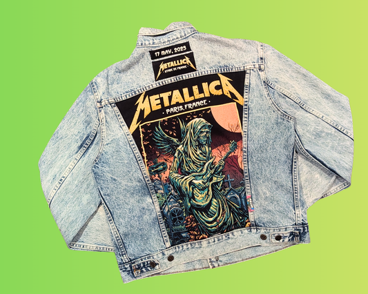 Handmade, Upcycled Metallica, Stade de France, Paris France, 17 Mai 2023 Denim Jacket Size M for Men