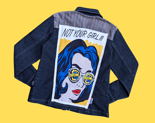 Veste en jean Pop-Art « Not Your Girl !!! » faite à la main et recyclée, taille US 14, XL