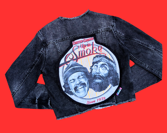 Handmade, Upcycled Cheechy Chong's Up in Smoke Since 1978 Black Denim Jacket Size S
