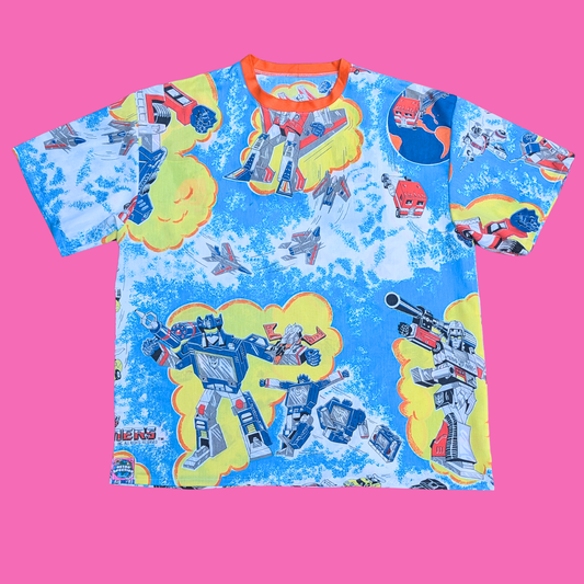 Handmade, Upcycled Transformers Bedsheet T-Shirt Oversized L-XL, Fitted 2XL