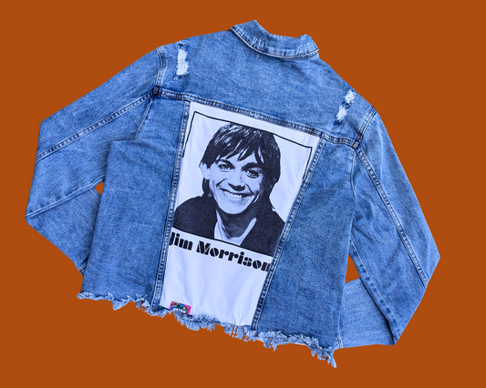Handmade, Upcycled Jim Morrison, Iggy Pop Denim Jacket Size L