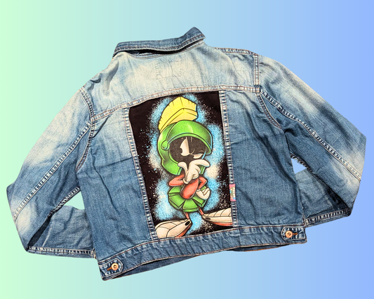 Veste en jean Marvin le Martien, fabriquée à la main et recyclée, taille L