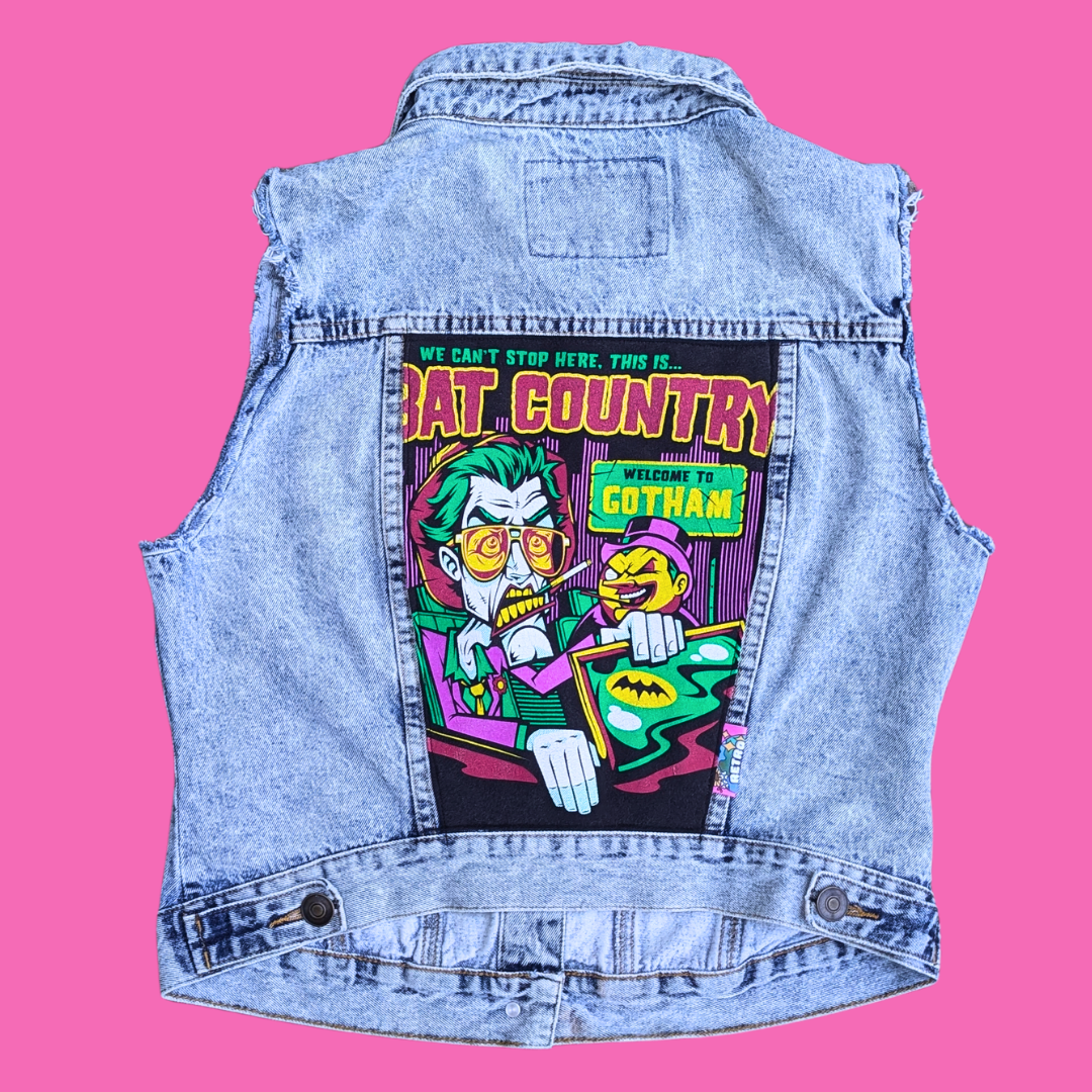 Bat Country ''Welcome to Gotham'' Upcycled T-Shirt Denim Sleeveless Jacket Size XL (Fits Smaller)