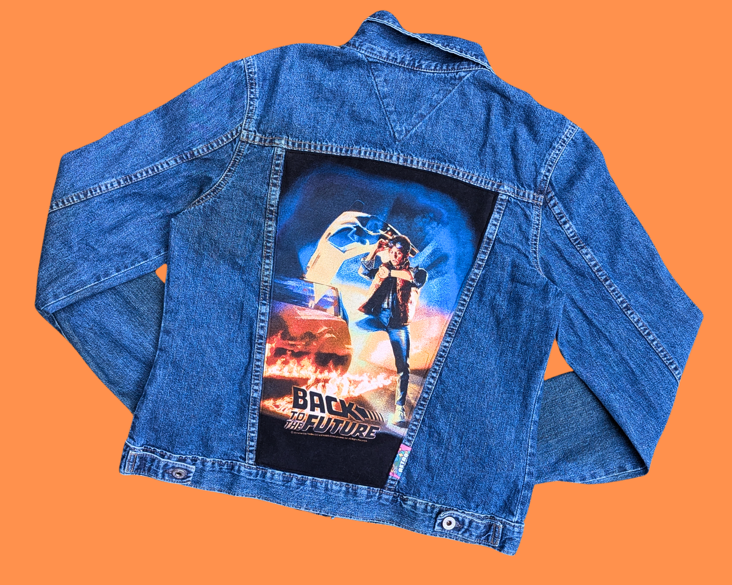 Handmade, Upcycled Back to the Future Light Denim Jacket Size L