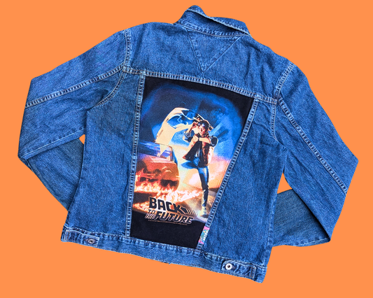Handmade, Upcycled Back to the Future Light Denim Jacket Size L