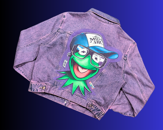 Handmade, Upcycled Kermit the Frog, The Muppets Purple Denim Jacket Size S