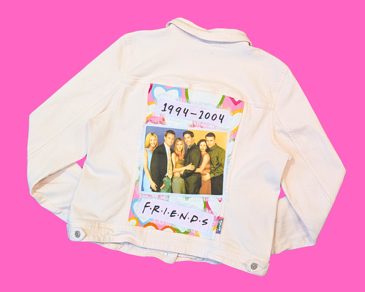 Veste en jean rose clair faite à la main et recyclée, taille XL