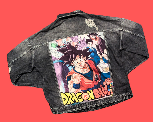 Handmade, Upcycled Dragon Ball Z Black Denim Jacket Size L