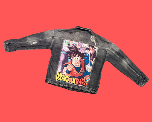 Handmade, Upcycled Dragon Ball Z Black Denim Jacket Size L