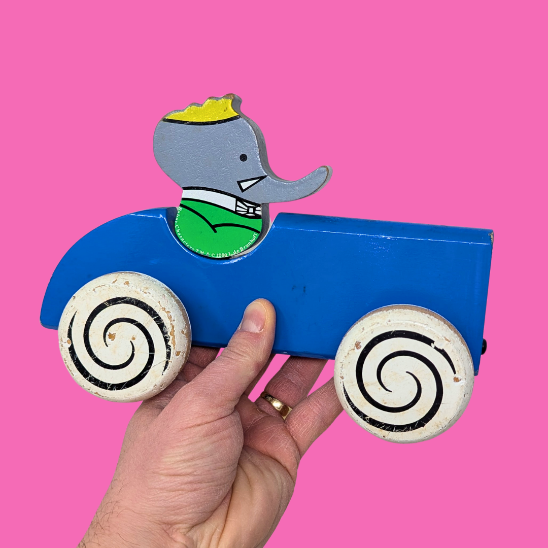 Jouet Babar à roulettes en bois vintage des années 1990, fabriqué en France