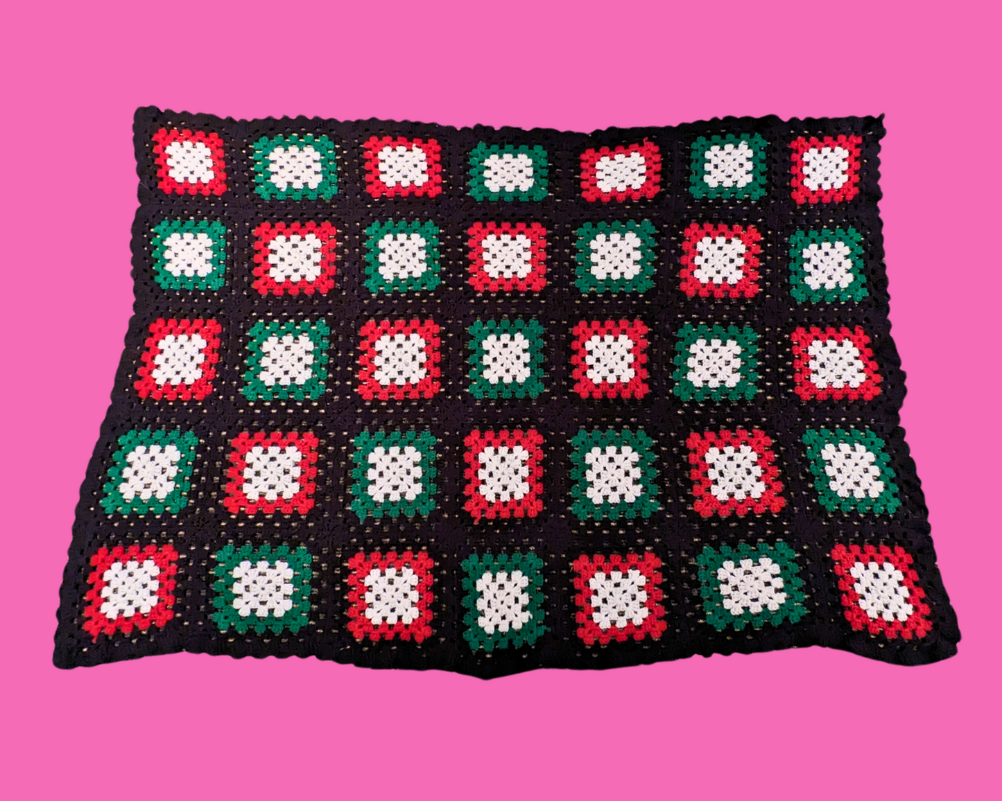 Vintage 1980's Black, White, Green and Red Wool Crochet Blanket