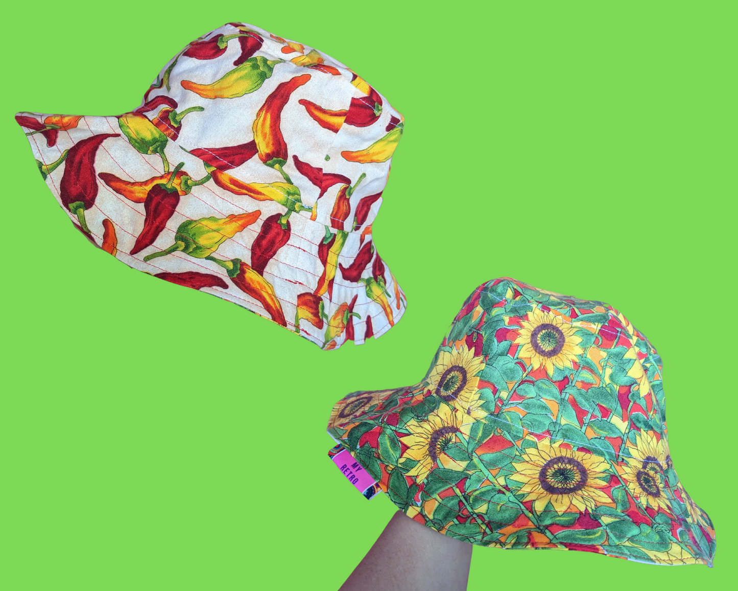 Chilli Peppers and Sunflowers Reversible Bucket Hats For Adults Made from Vintage, Upcycled Chilli Peppers and Sunflowers Placemat